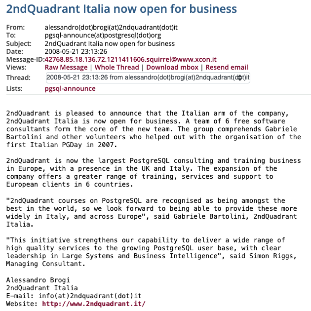 Email &ldquo;2ndQuadrant Italia now open for business&rdquo;