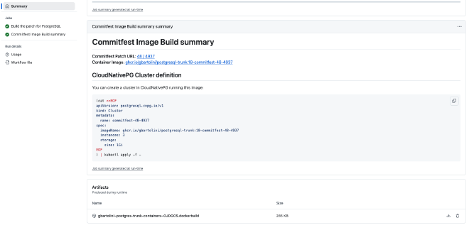 Example of summary following a “Commitfest Image Build” action